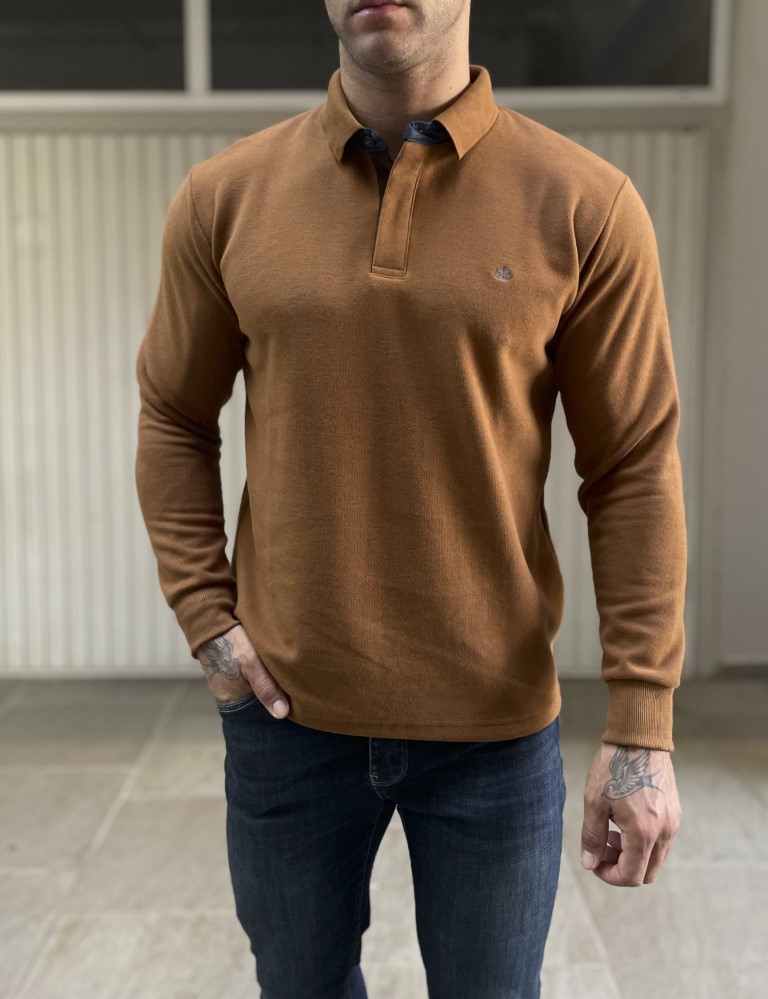 Everbest Everbest Ανδρική κάμελ Polo μακρυμάνικη μπλούζα Plus size 251034K